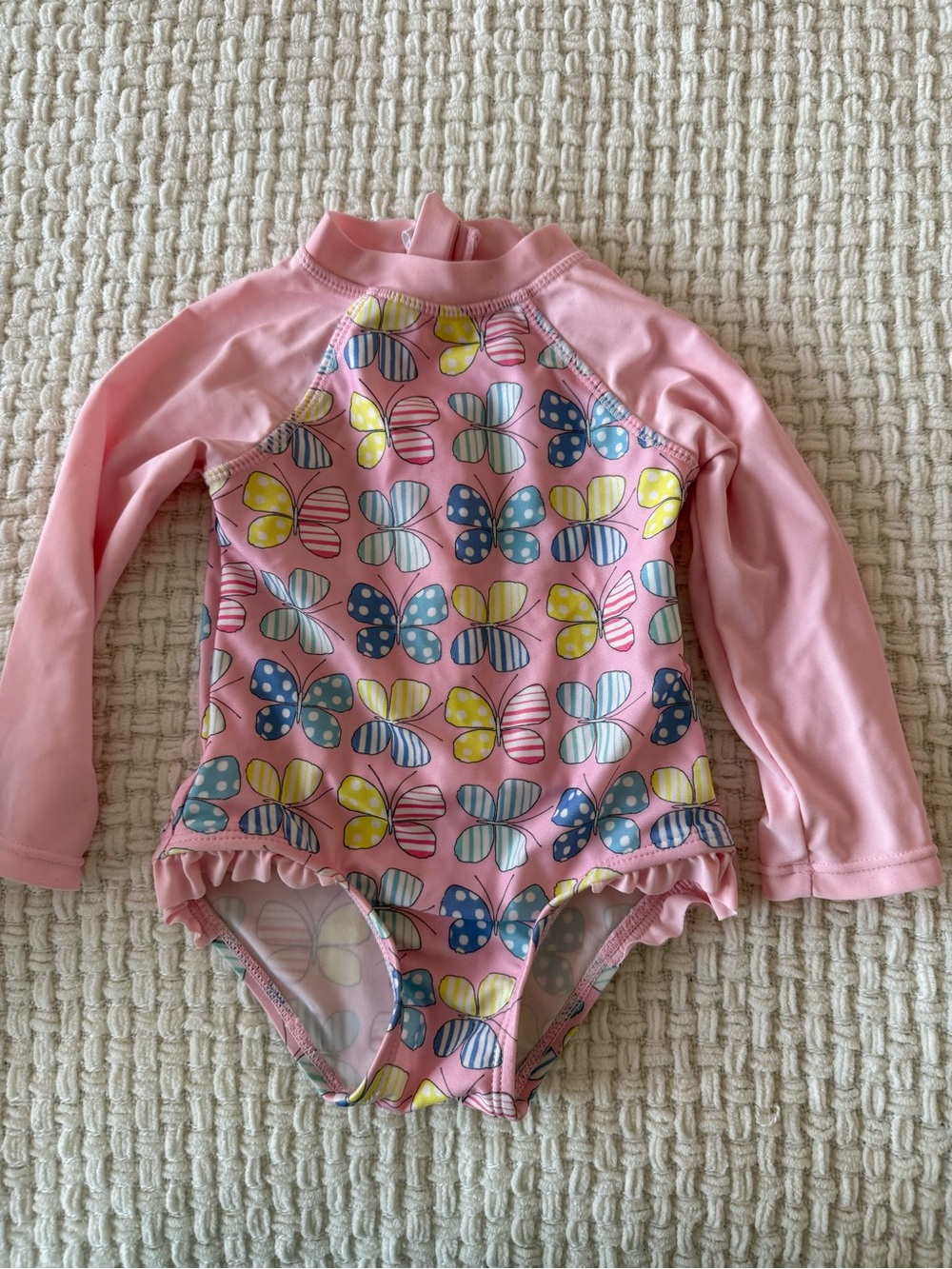 Floatimini Pink Long-Sleeve One-Piece Swimsuit with Multicolor Butterfly Print